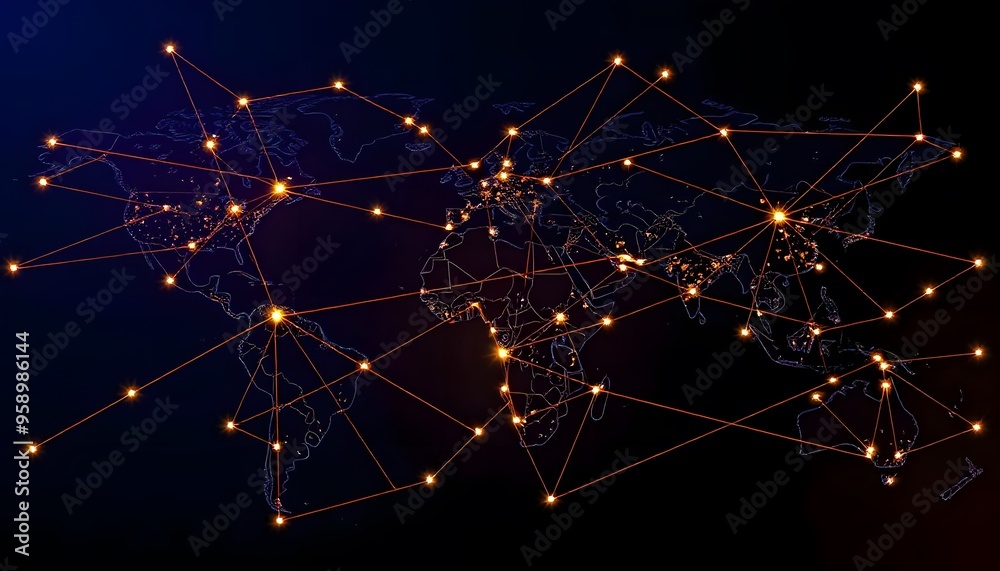 A world map at night showing the lights of cities and towns across the ...