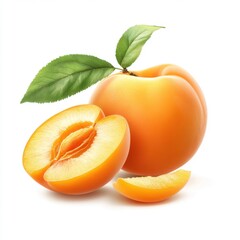 Isolated on a white background, a high-resolution photo of a fresh, juicy apricot with leaves and a half-cut peach, isolated on a white background for your design project