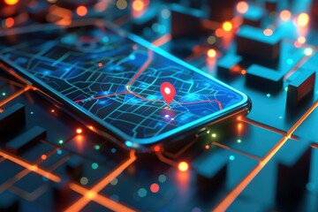 Poster - A close-up view of a smartphone displaying a digital map with glowing coordinates on a tech-inspired background.