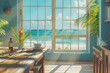 © Sweettymojidesign - A bright beachside kitchen with ocean views, featuring wooden decor and tropical plants, perfect for relaxation and dining.