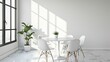 © ArmStrong☠ - White dining table with four chairs in a bright room with a large window and a plant.
