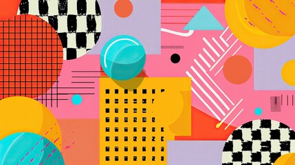 Wall Mural - 90s retro aesthetic with vibrant colors, geometric shapes, minimalist, copy space, illustration style