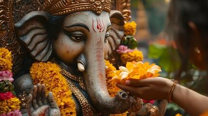 Wall Mural - Ganesh Statue with Flowers  Hand Reaching Out