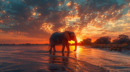 Sticker - A lone elephant walks through a river at sunset, bathed in warm light.