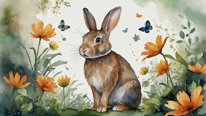 Wall Mural - Watercolor rabbit with leaves and flowers, a charming illustration for woodland-themed art.