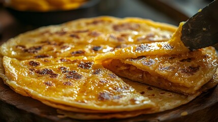 Wall Mural - Delicious Golden Flatbread with Sweet Topping on Wooden Board