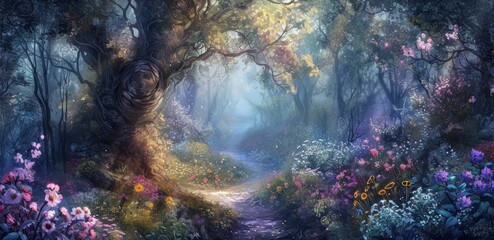 A mystical forest bathed in the soft glow of twilight, with an ethereal path leading towards an ancient tree. The path is adorned with vibrant flowers and magical symbols, evoking a sense of divine 