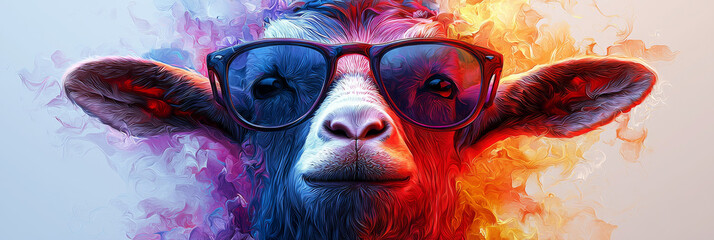 Sticker - A goat wearing sunglasses with a colorful abstract background.