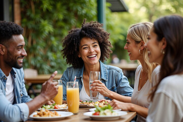 A group of friends eat together at an outdoor restaurant table