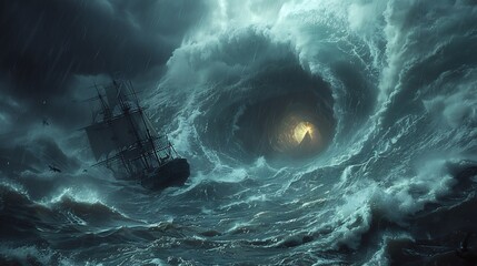 Wall Mural - Myth of the Charybdis a massive whirlpool in the sea ancient Greek mythology ships being pulled into the abyss turbulent waters maritime danger