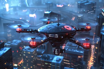 Wall Mural - A sleek black drone flying over a vibrant cityscape at night, showcasing urban life and advanced technology.