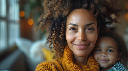 mixed race black and white mother with the curly hair , tan skin and brown eyes are sitting in the restaurant with her daughter 