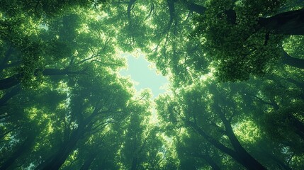 Looking up at the green tops of trees from a forest floor