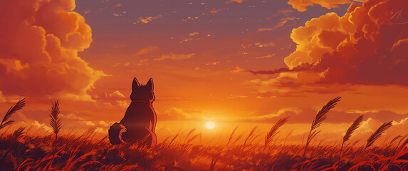 Landscape with a dog. Styled like an anime or game background. Blue sky, sunset, sunrise, night, fog, snow, rain, cloudiness, autumn leaves, etc.