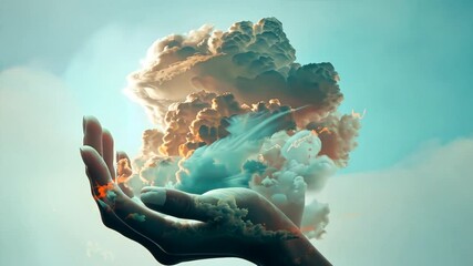 Poster - A hand is holding a cloud in the sky