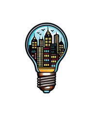 A lightbulb filled with tiny city buildings, glowing with warm light.