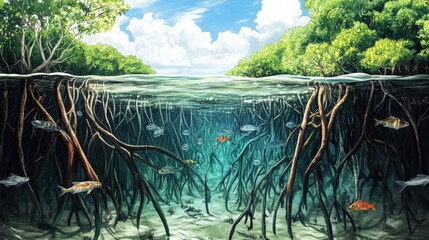 Wall Mural - A mangrove forest with roots submerged in water, home to fish, birds, and crustaceans, illustrating a coastal ecosystem