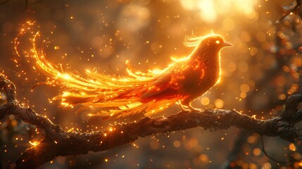 Canvas Print - Myth of the Firebird a glowing bird with fiery feathers ancient Russian folklore perched on a golden branch radiating light mystical and enchanting