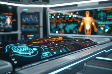 Poster - Futuristic control panel with digital displays and holographic interface in a modern sci-fi environment.