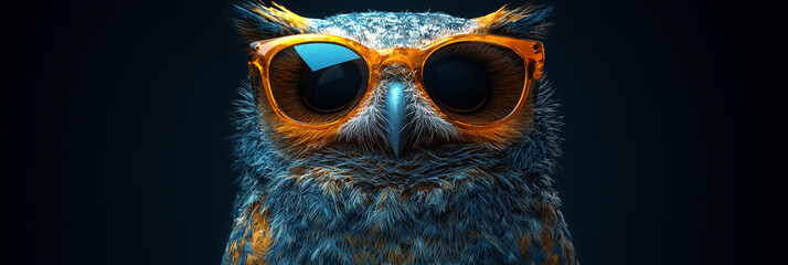 Canvas Print - A close-up of an owl wearing stylish orange sunglasses. The owl's feathers are a mix of blue and brown, creating a unique look.