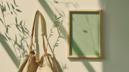 Poster - Serene Eco-Fashion Mockup with Green Frame, Leaf Bag, and Wooden Accessories on Smooth Beige Surface