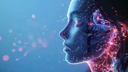 Poster - Digital portrait of a woman's face with glowing lines.