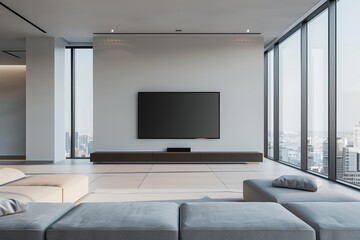 Modern living room with sleek furniture and large windows, featuring a flat-screen TV and panoramic city view.