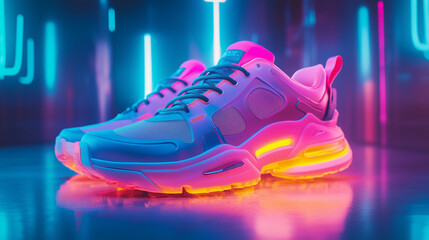 Canvas Print - Fashion sneakers on vivid abstract background. Sport shoes in neon light. 