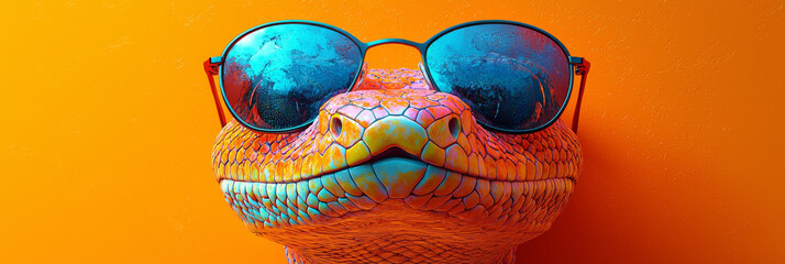 Sticker - A snake with sunglasses on an orange background.  He looks cool and relaxed.