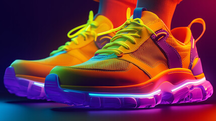 Poster - Fashion sneakers on vivid abstract background. Sport shoes in neon light. 