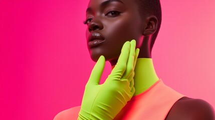 Poster - Modern Neon Fashion Dark-Skinned Model with Bright Green Glove on Soft Pink Background