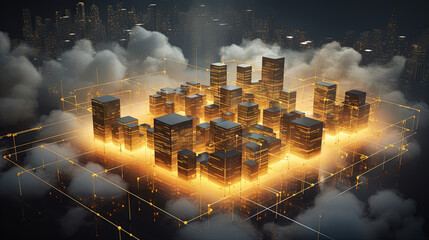 Aufkleber - Concept of a digital city with cloud connections. Futuristic network in the clouds.
