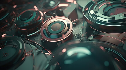 Poster - Technology abstract background with hud styled round interface elements in neon tech light.