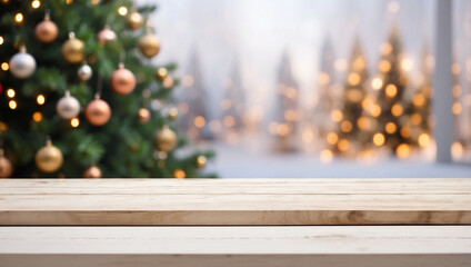 Wall Mural - The empty white wooden table top with blur background of Christmas tree