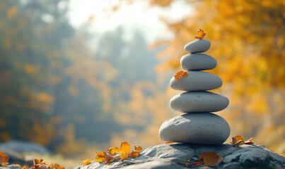 Balanced Stone Tower  Wood Forest Background - Space for Text