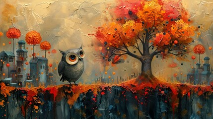 an owl perches on a ledge overlooking a whimsical autumn landscape with vibrant foliage and towering