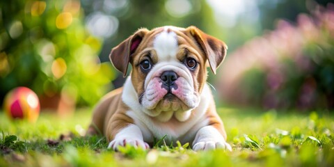 Puppy Bulldog Portrait in Green Grass, Bokeh, Portrait, Dog, Puppy, Bulldog, Pet