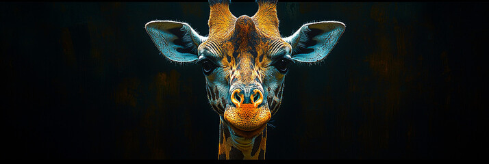 A close-up portrait of a giraffe with a dark background.