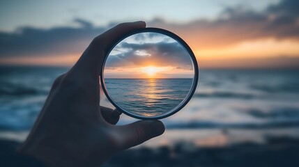 Ocean sunset viewed through handheld magnifying glass with beach and sky reflection, copy space