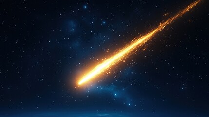 Meteor flying through space, against a dark blue sky with a background of stars, leaving an orange light trail. 