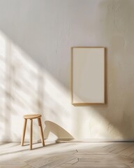 Aufkleber - Minimalist Indoor Mockup with Soft Beige Concrete Wall and Wooden Frame in Natural Light