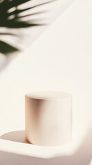 Poster - Minimalist Soft Pink Podium with Plant Shadow on White Background in Soft Afternoon Lighting