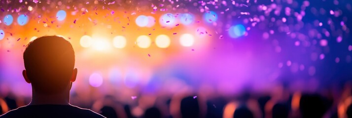 Festive confetti raining down from above onto the singers on stage, amidst a boisterous audience enjoying a performance