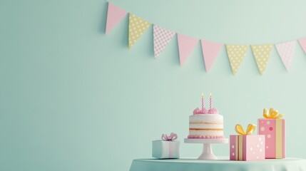 A pastel-themed birthday celebration with a cake, gifts, and colorful bunting in a bright room