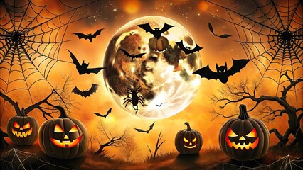 Wall Mural - Spooky orange and black invites featuring bats, ghosts, and jack-o'-lanterns surrounded by cobwebs, spiders, and eerie moonlight, perfect for a hauntingly fun Halloween celebration.