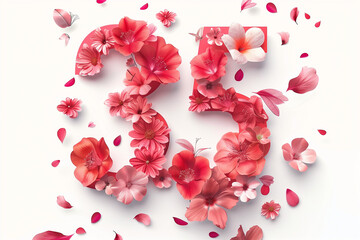 A flowery background with the number 35 in red. Concept of celebration and happiness, as it is a birthday number. The pink flowers and butterflies add a touch of whimsy and joy to the scene