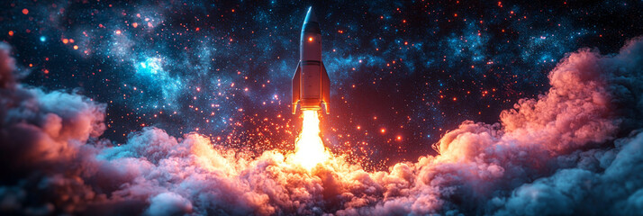 Wall Mural - A rocket blasts off into space, leaving a trail of fire and smoke behind it.