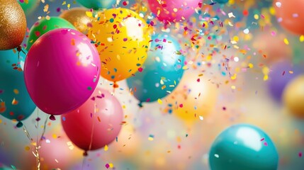 Colorful balloons and vibrant confetti create a festive atmosphere for a celebration or party during daytime