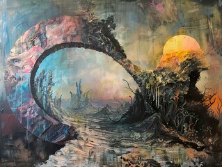 Sticker - Surreal Landscape Painting with Ruined City and Golden Sunset