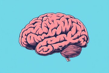 Aufkleber - illustration of the human brain in pink and red on a blue background, in a simple line art style with a minimalist design Generative AI